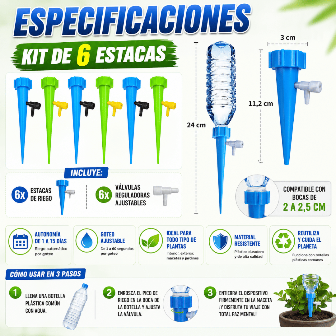¡Kit 6 Estacas Riego Goteo inteligente! - Mantén tus plantas saludables mientras optimizas el uso del agua