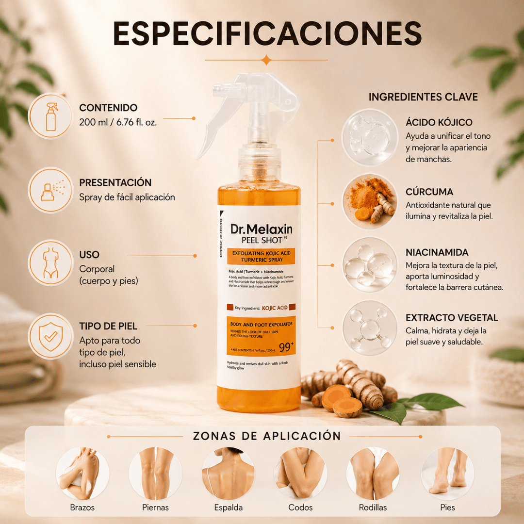 Dr. Melaxin Peel Shot™ Exfoliante Corporal Kojic + Turmeric 200ml - Renueva la piel para un aspecto más uniforme y luminoso