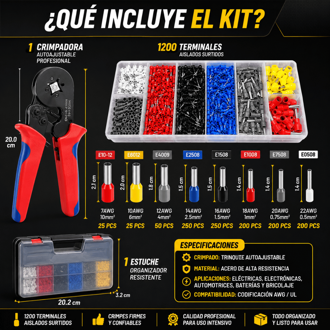 Kit Crimpadora + Estuche 1200 Terminales - Realiza conexiones eléctricas firmes y precisas en minutos