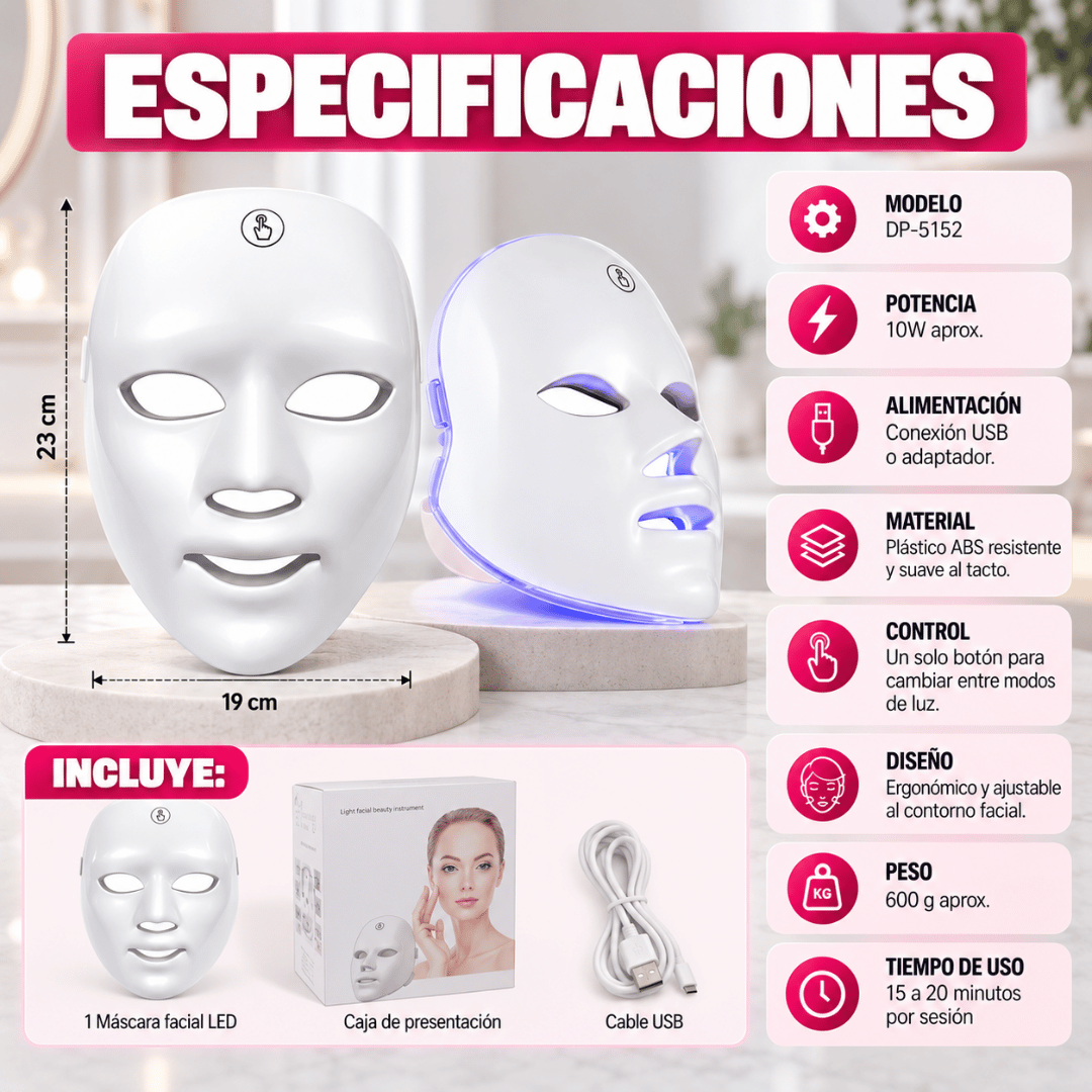 Máscara Facial Led 7 Colores - Fototerapia LED para una piel más firme y luminosa