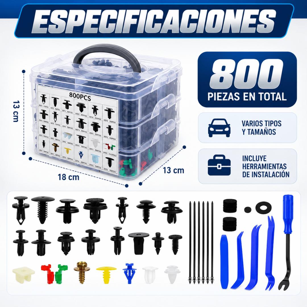 Kit 800 Clips y Sujetadores Para Auto - Soluciona piezas sueltas y renueva las fijaciones de tu auto