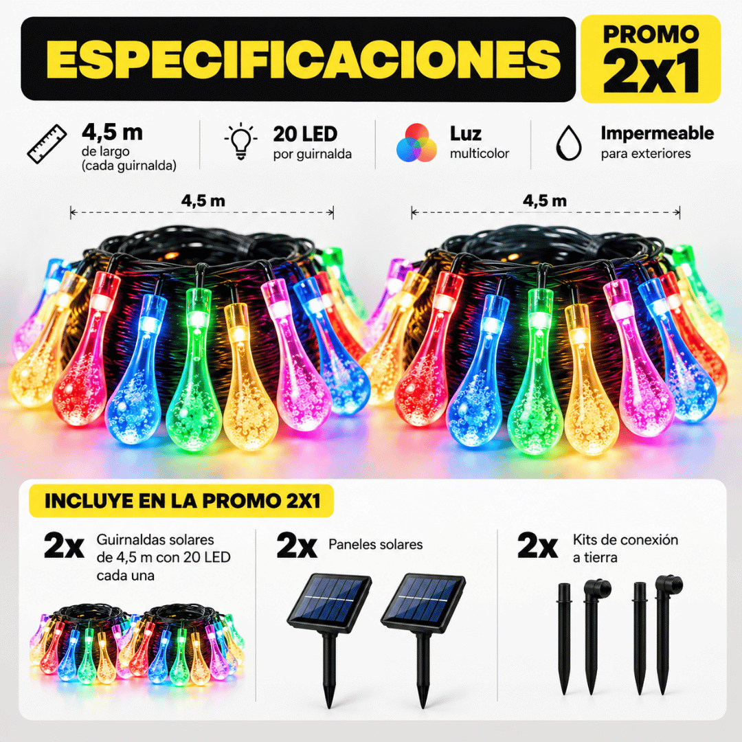 ¡Promo 2x1 Guirnaldas De Luces Solares Decorativas! - Transforma tu jardín con una iluminación cálida y decorativa