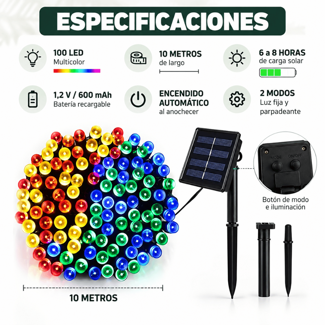 Guirnalda Solar 100 LED de 10 Metros Multicolor - Ilumina tus noches navideñas sin aumentar tu cuenta de luz