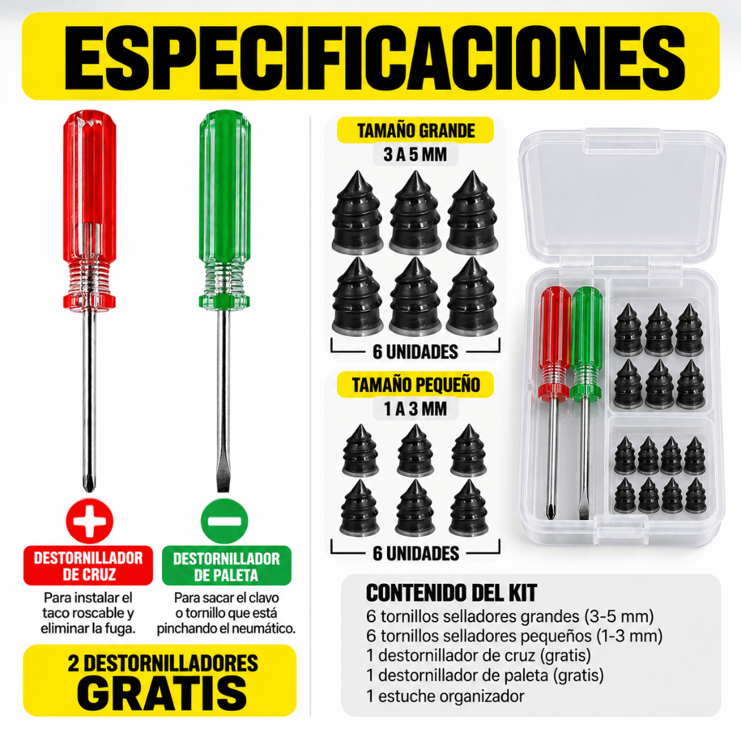 Kit Reparación Pinchazos Neumático 12 Pcs - Repara pequeños pinchazos de forma rápida y práctica