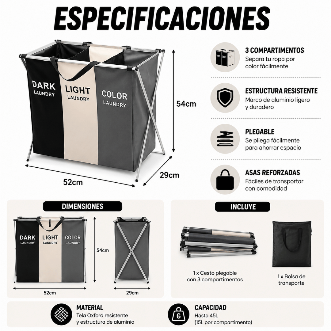 Canasta de Ropa Sucia 3 en 1 - Organiza tu ropa de forma práctica y ordenada