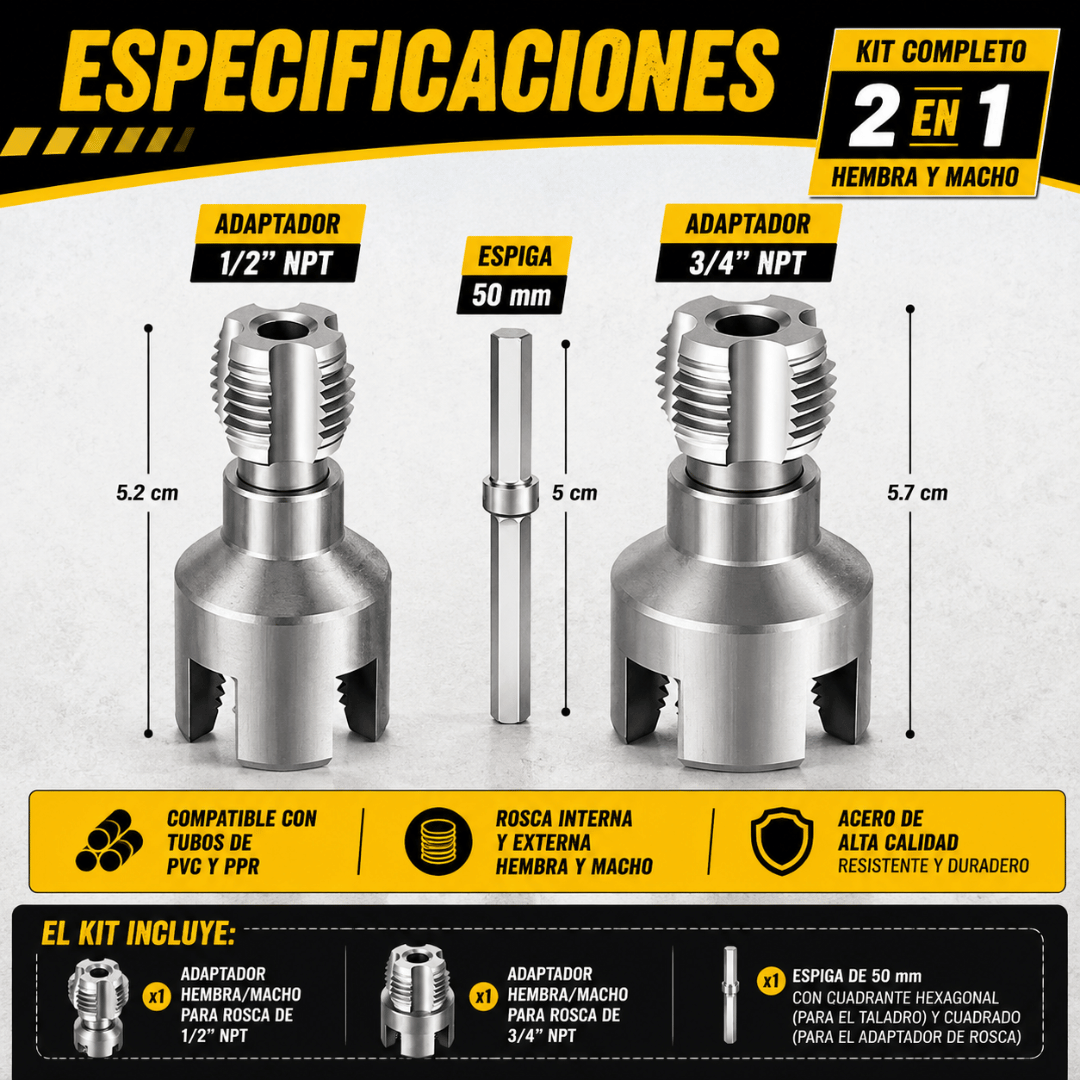 Kit Roscador para Taladro PVC PPR 1/2 y 3/4 - Realiza roscas precisas en tuberías de forma rápida