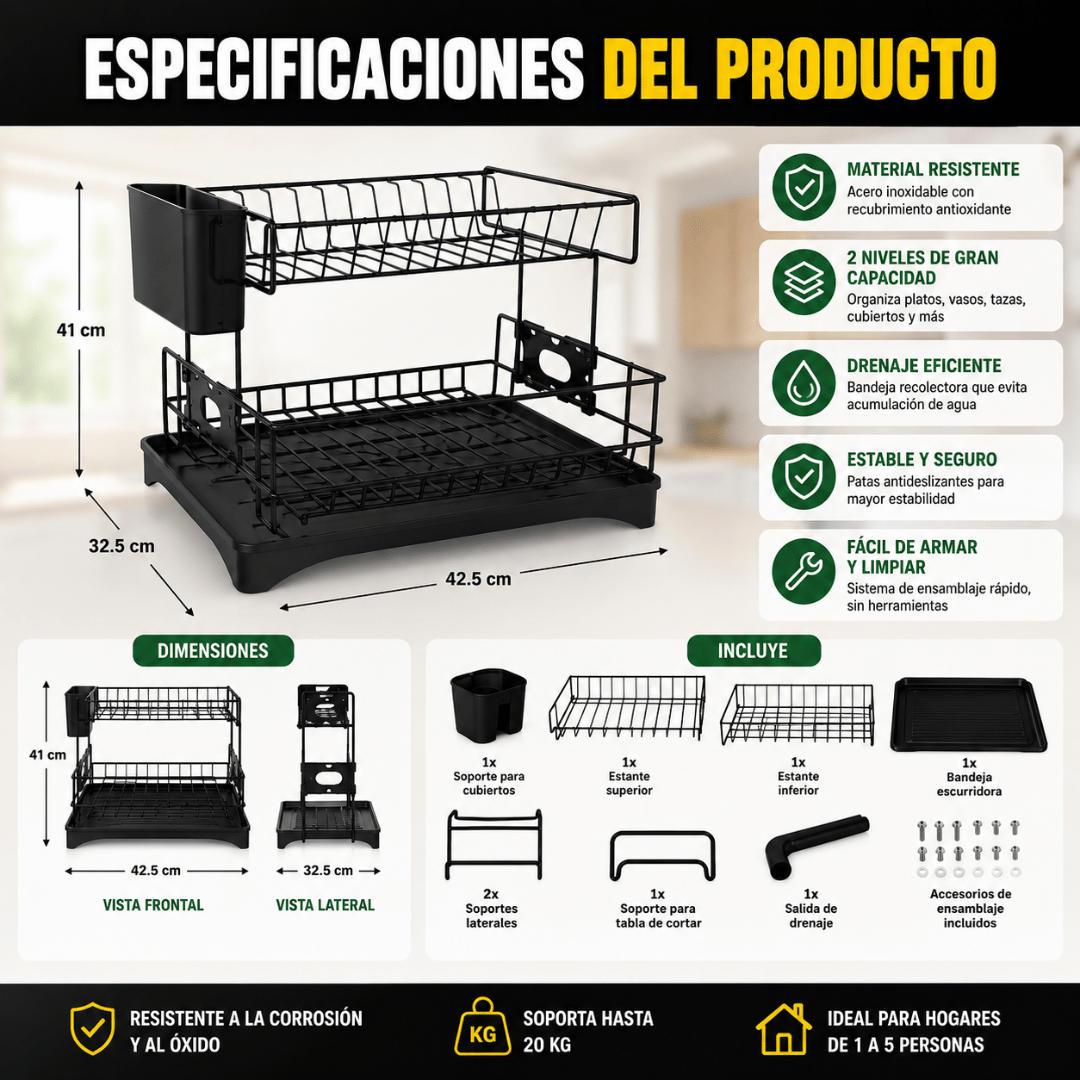 Escurridor de Platos 2 Niveles con Drenaje - Duplica el Espacio y Mantén tu Cocina Siempre Ordenada