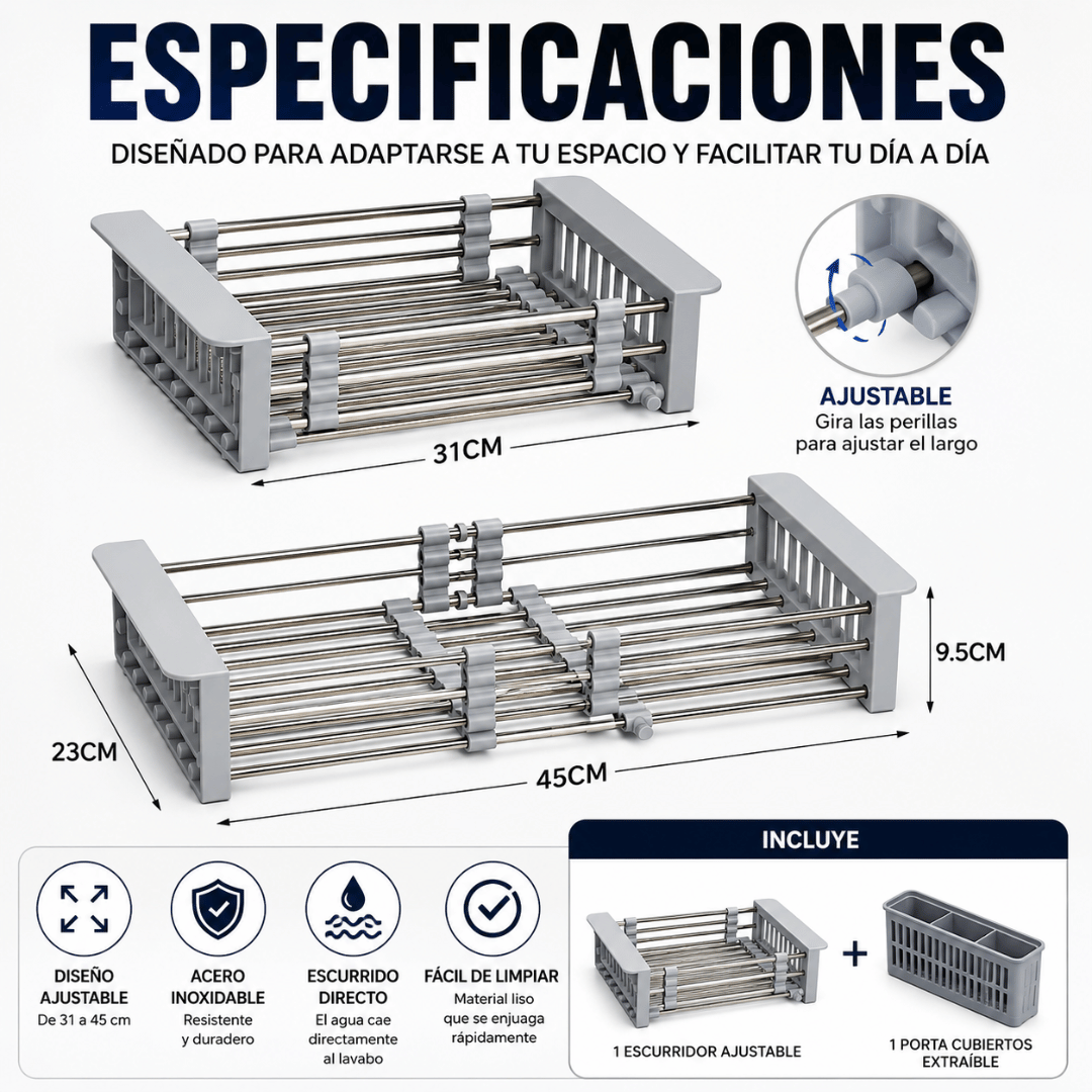 Escurridor Ajustable para Lavaplatos - Aprovecha al máximo el espacio sobre tu lavaplatos