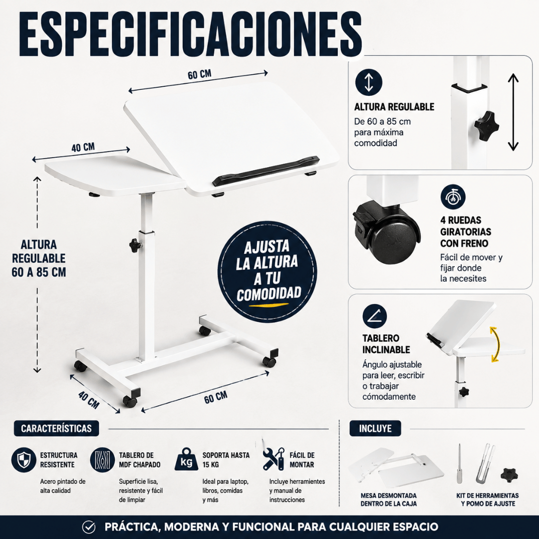 Mesa Ajustable Multifuncional - Trabaja cómodamente desde tu cama o sofá